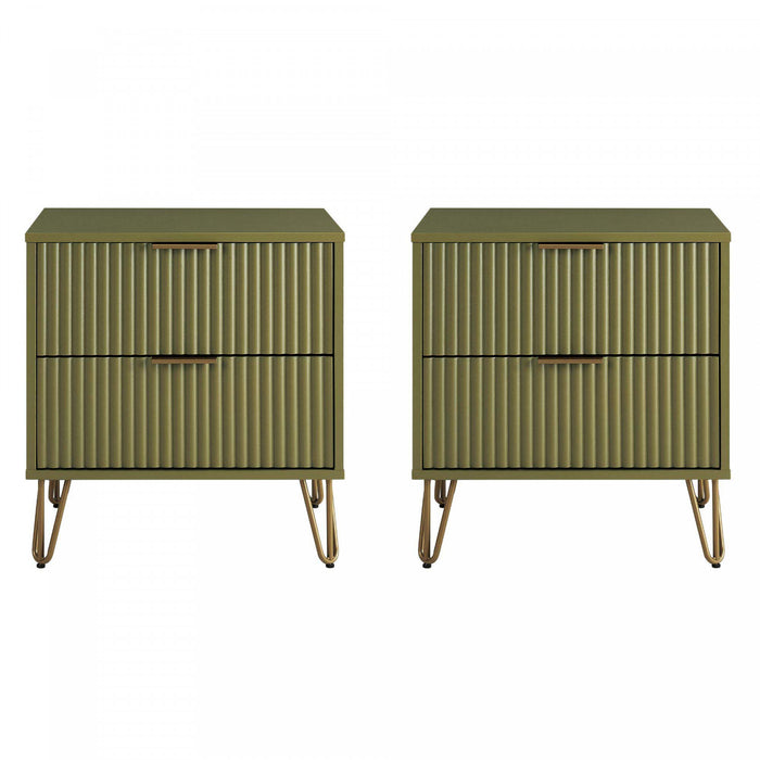 Dumbo Modern 20\" Fluted Nightstand in Olive Green (2-Drawer) - Set of 2