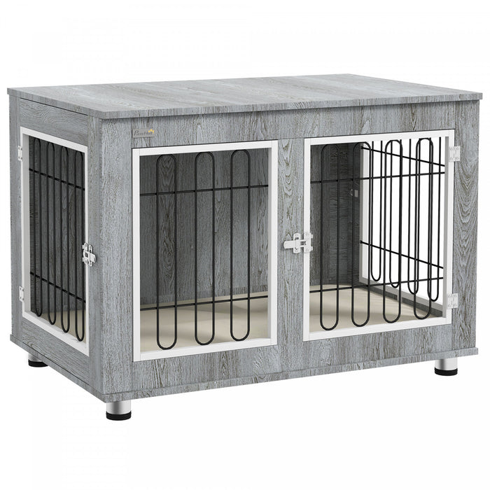 Pawhut 35in Dog Crate End Table With Soft Cushion, Double-door Dog Crate Furniture For Medium Large Dogs, Wooden Wire Pet Kennel For Indoor Use, 35\" W X 23\" D X 26\" H, Grey