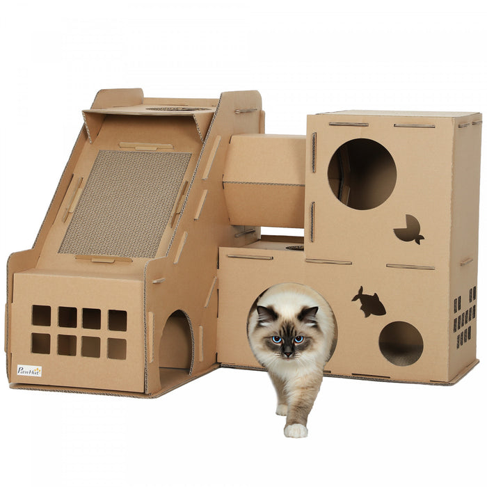 PawHut Multi-Level Cardboard Cat House, Corrugated Cardboard Play Condo with Scratching Pads, Cat Scratcher Hideout for Indoor Kittens