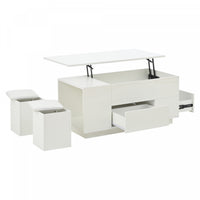 Flexi 39.3 Inch 4-in-1 Lift-Top Coffee Table with LED Lights, Dual Drawers and Storage Ottomans, White 