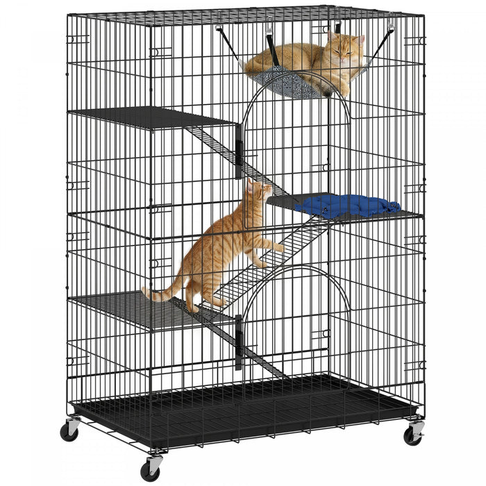 PawHut 4-Tier Cat Cage, 50\"H Large Cat Enclosure Metal Playpen with Wheels, Pull-Out Tray, Hammock, Bed, Ramps, Platforms for 1-2 Kittens, Ferrets, Squirrels and Chinchillas, Black