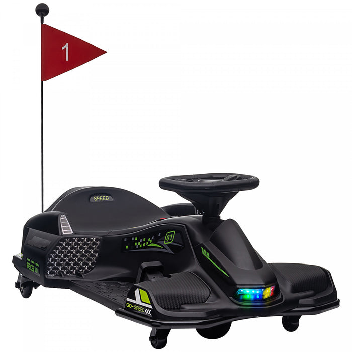 Aosom 12V Electric Go Kart, Battery Powered Drift Cart with 2 Speeds, Soft Start, PU Wheels, 5 MPH High Speed, Ride on Toy with Music, Colourful LED Lights, for Ages 8-12, Black