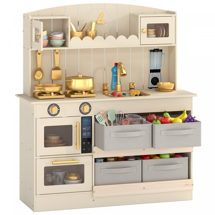 Qaba Wooden Play Kitchen Set for Kids with Real Lights, Sounds, Pretend Toy Play Kitchen Playset with Microwave, Stove, Sink & 12PCs Accessories