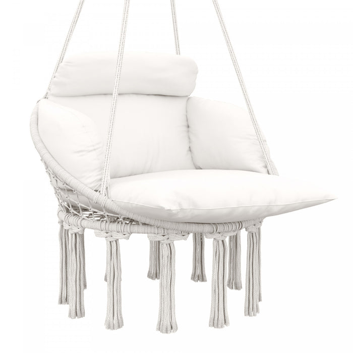 Outsunny Hanging Hammock Chair, Boho Outdoor Swing Chair W/ Cushion, Cream