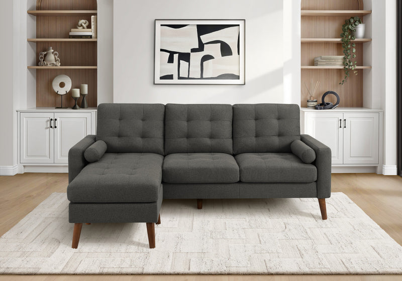 Upholstered Chaise Sofa Lounger, 85\" Wide, Grey Fabric, Walnut Solid Wood Legs, Modern Sofa
