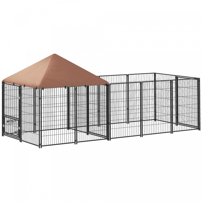 Pawhut Outdoor Dog Kennel, Dog Run Outdoor With Rotating And Adjustable Height Bowls, Waterproof Uv-resistant Cover, Secure Lock, 11.3' X 4.7' X 5.1'