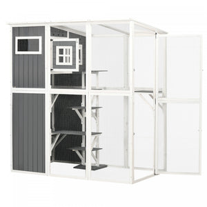 Pawhut Wooden Cat Catio, Outdoor Cat House, Cat Enclosure With Plastic Weather Protection Roof, Multiple Platforms, Resting Condo, Window, Lockable Doors, For 2 Cats