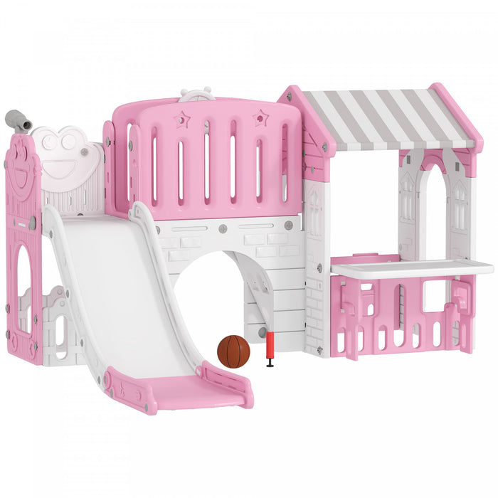 Qaba 7-in-1 Toddler Slide with Playhouse, Kids Slide Climber Playset with Basketball Hoop and Tunnel for Age 1-4 Years Indoor Play, Pink