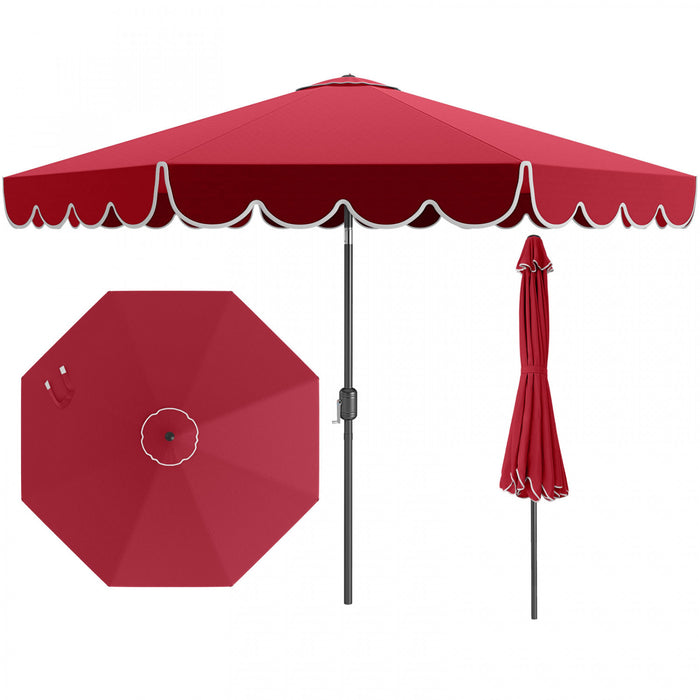 Costway 10 FT Patio Umbrella with Crank Tilt Adjustment Ruffles Vented Top 8 Ribs Red