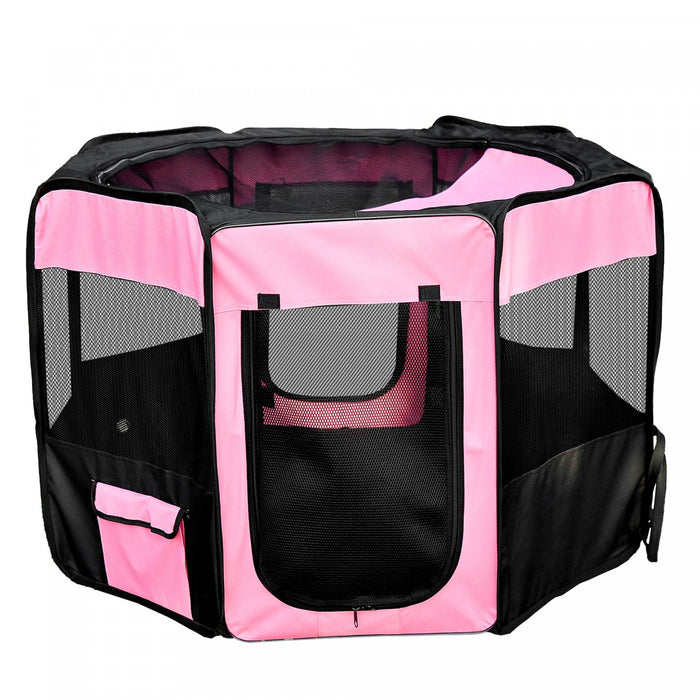 Pawhut 49.2\" Folding Soft Pet Playpen Tent Kennel Puppy Cat Dog Exercise Crate With Carry Bag Pink And Black