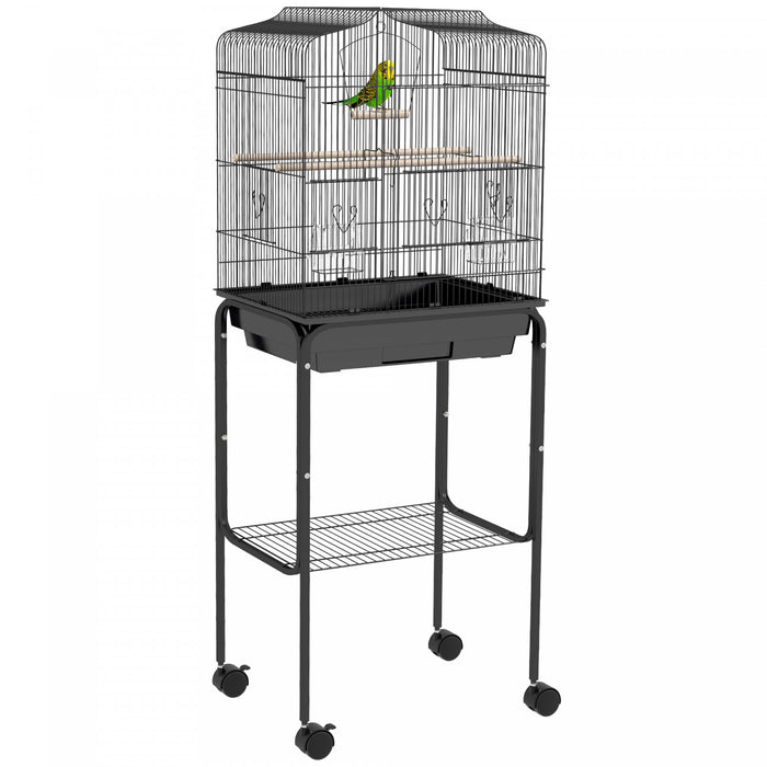 Pawhut 49\" Bird Cage For Finches, Canaries, Budgies, Parrot Cage With Accessories, Wheels, Detachable Stand, Storage, Black