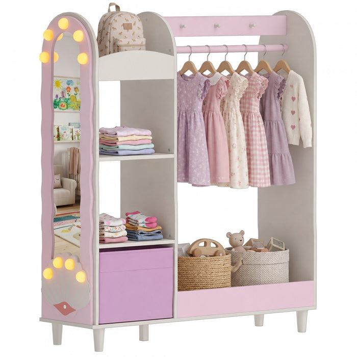 Qaba Kids Clothing Rack, Kids Wardrobe with Glowing Bulb Lights Mirror, Non-Woven Drawer and Shelves for Bedroom, Coat Rack for Ages 3-8, Pink