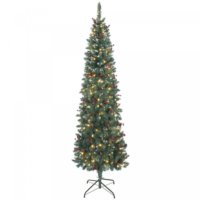 HOMCOM 7 ft Prelit Pencil Christmas Tree with Silver Glitter, Xmas Tree