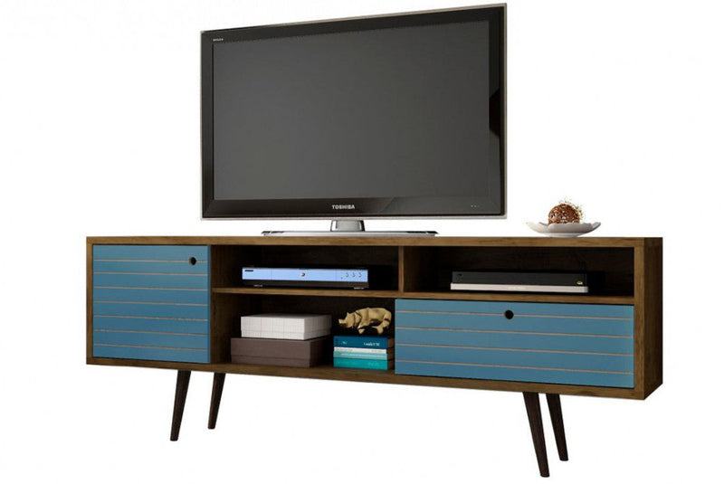 Manhattan Comfort Liberty 70.86\" Mid-Century Modern TV Stand with 4 Shelving Spaces & 1 Drawer - Rustic Brown & Aqua Blue