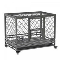 Pawhut Heavy Duty Dog Crate, Metal Dog Kennel Cage With Wheels, Openable Top, Removable Tray, Stainless Steel Bowl, For Small, Medium, Large Dogs, 36.4