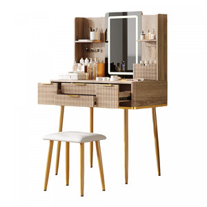 Isabella 4-Drawer Vanity Table Set with LED Mirror and Metal Legs,Yellow Brown Mirror Cabinet
