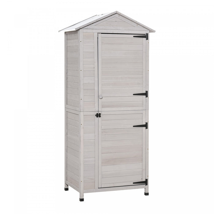 Outsunny 36\" X 25\" X 79\" Outdoor Wooden Garden Shed, 4 Tiers Tool Shed Organizer With 3 Shelves, Handle, Tin Roof, Magnetic Latch, Foot Pad For Garden, Patio, Light Grey