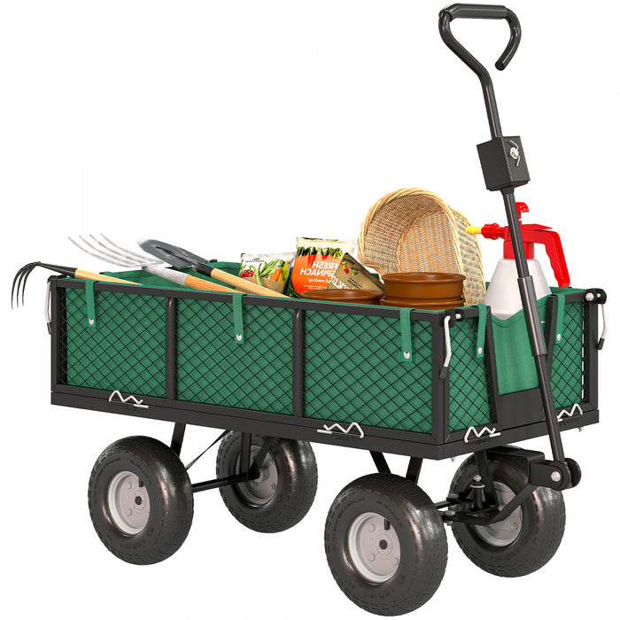 Outsunny Heavy Duty Garden Cart, 660lbs Capacity Utility Wagon Cart with Removable Liner, Quick-Release Sides, 10\" Pneumatic Wheels, Adjustable Handle for Beach Lawn Yard, Green