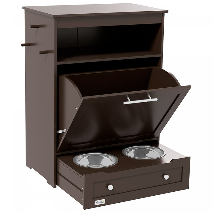 Pawhut Pet Feeder Station Storage Cabinet, Dog Food Storage Container With Dog Raised Bowls And Hanger For Feeding & Watering Supplies, Coffee