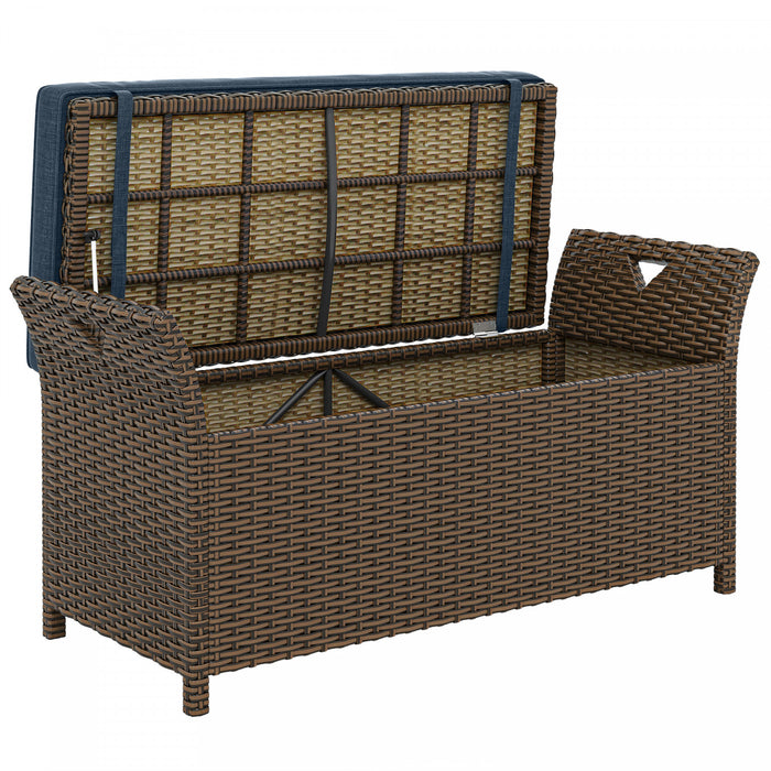Outsunny 2-In-1 Patio Wicker Storage Bench 29 Gallon Storage Box Navy Blue