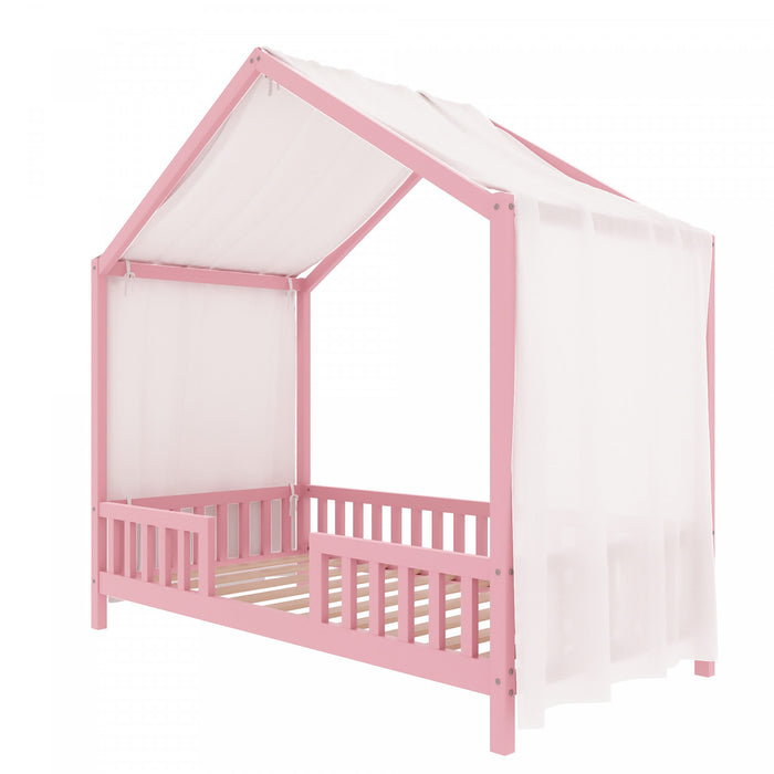 Paul Montessori Floor Bed with Canopy and High Railings,Twin Size，Pink Twin Bed