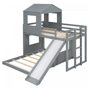Marico Twin Over Solid Wood Full Bunk Bed With Slide, Playhouse Design, Grey