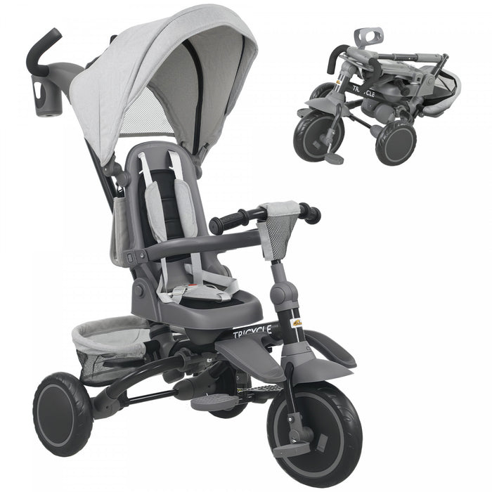 Qaba 6 in 1 Tricycle for Toddler, Kids Trike Converts Stroller to Toddler Bike, Adjustable Push Handle & Canopy, Rotatable Seat, Safety Harness, Brake for 1-5 Years Old, Grey