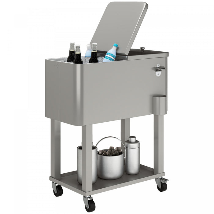 Outsunny 60qt Rolling Patio Cooler Cart, Portable Outdoor Cooler, Silver