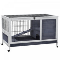 Pawhut Wooden Indoor Rabbit Hutch Elevated Bunny Cage Habitat With Enclosed Run With Wheels, Ideal F