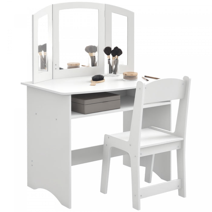 Qaba Kids Vanity Set, 2 In 1 Makeup Dressing Table Writing Table Pretend Play With Mirror Stool, Storage Shelf, Detachable Top, For Little Girls Aged 3-8 Years, White