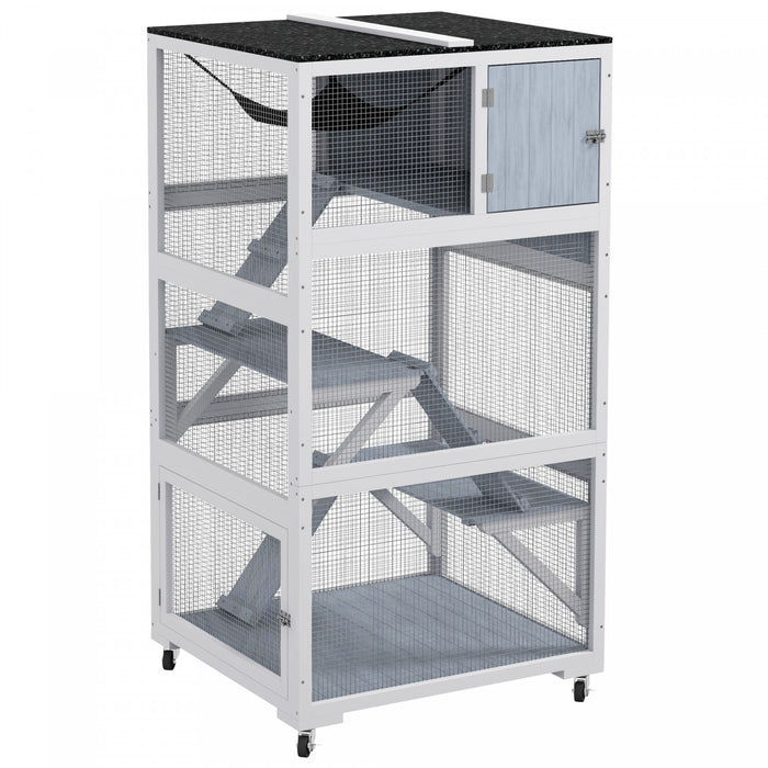 Pawhut Catio 34\" L Outdoor Cat House On Wheels With Weatherproof Roof Hammock Multiple Platforms Resting Condo Ramps Lockable Doors, For 1-3 Cats, Grey