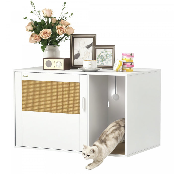 Pawhut Cat Litter Box Enclosure, Hidden Litter Box Furniture With Rattan Door, Scratching Pad, Non-slip Foot Pads, Cat Washroom End Table, 31.5\" X 20\" X 20\", White