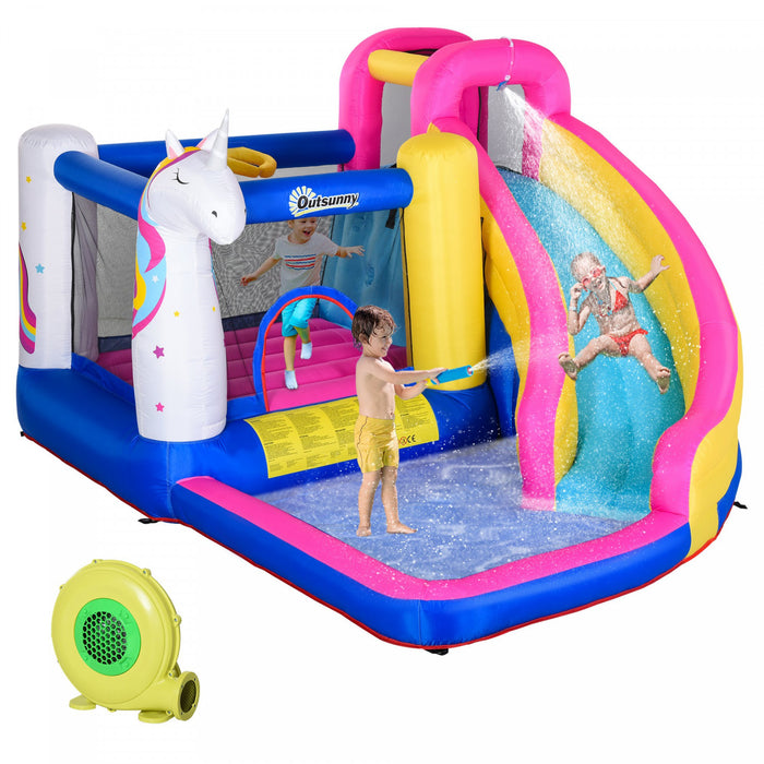 Outsunny Kids Bouncy House Inflatable Trampoline Water Slide Pool Bounce Castle Climbing Wall 5 In 1 With Inflator For Kids Age 3-8 Summer 12.4' X 10.5' X 6.9'