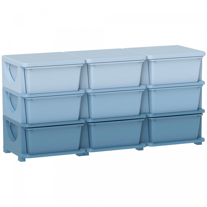 Qaba Kids Toy Storage Organizer With 9 Plastic Bins, 3 Tier Drawer Chest Utility For Kids Bedroom Nursery Kindergarten Living Room For Boys Girls Toddlers, Blue