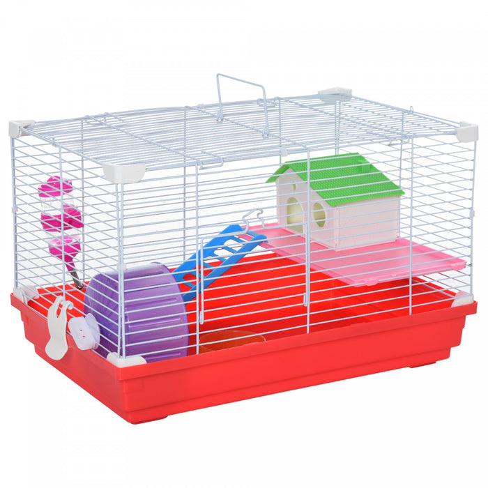 Pawhut 18.5'' Hamster Cage With Exercise Wheel And Water Bottle Dishes, Rat House And Habitats 2 Storey Design, Red