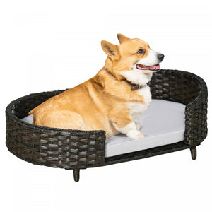 Pawhut Rattan Pet Sofa Indoor & Outdoor, Raised Wicker Dog Bed, Cat Couch, With Soft Cushion Washable Cover, For Small & Medium Dogs, Charcoal Grey