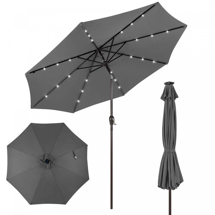 Costway 10FT Patio Solar Umbrella LED Patio Market Steel Tilt with Crank Outdoor Gray