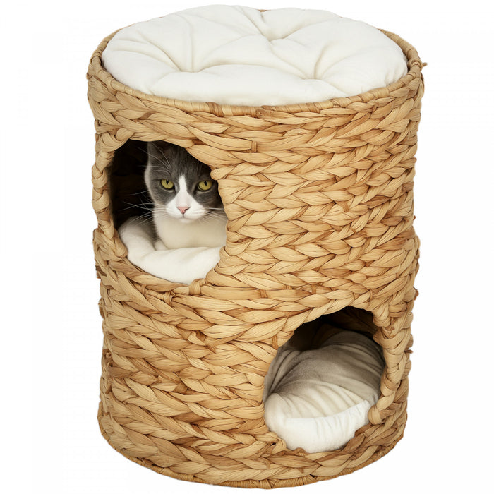 Pawhut Cat Condo Barrel, 2-storey Cat Tree Tower With Top Perch And 2 Hideaways, 2 Entrances, 3 Cushions, For Indoor Kittens, Light Brown