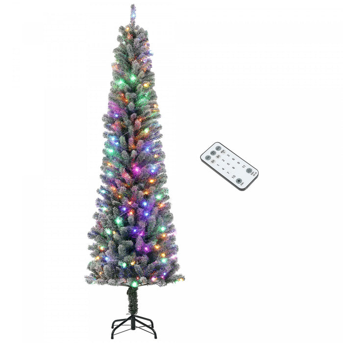 HOMCOM 7.5ft Pencil Artificial Christmas Tree w/ Remote, Flocked Xmas Tree