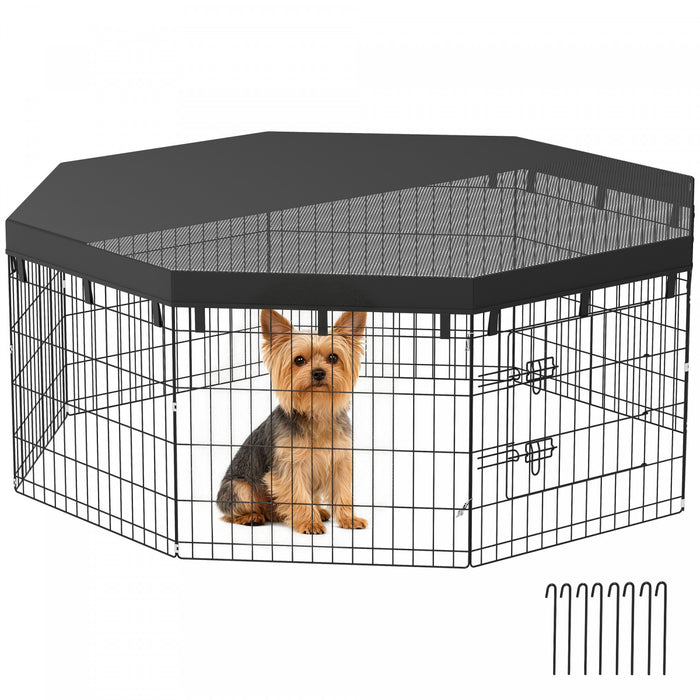 PawHut Dog Playpen, 8 Panels Foldable Dog Pen with Sunproof Top Cover, 8 Ground Stakes, 24\"H Dog Fence for Indoor Outdoor, for Small and Miniature Dogs and Pets