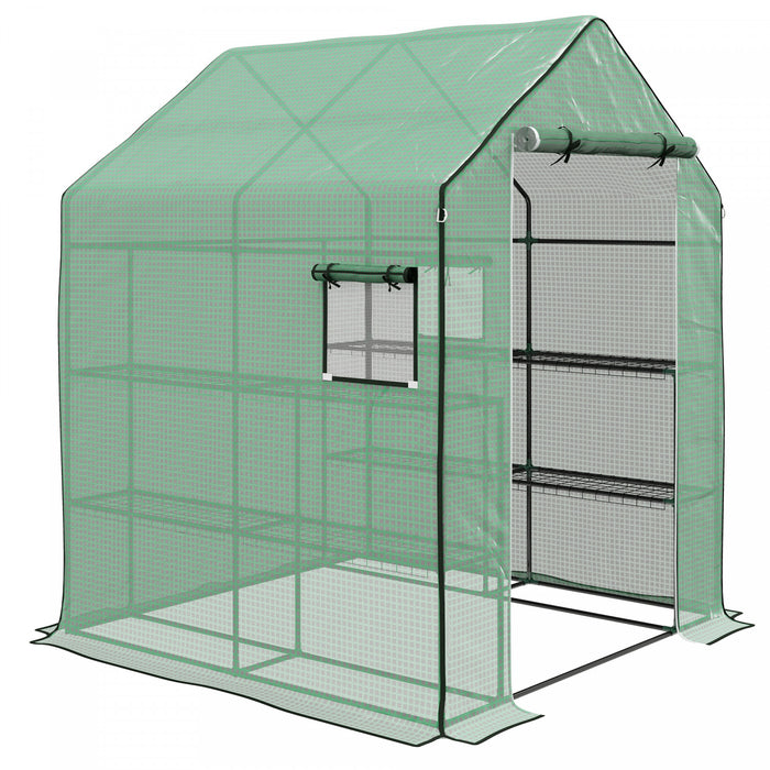 Outsunny 4.6' X 4.7' X 6.2' Walk-in Greenhouse With 3 Tier 8 Shelves, Outdoor Green House With Reinforced Pe Cover, Garden Plant Grow Hot House Roll-up Door And Mesh Windows, Green