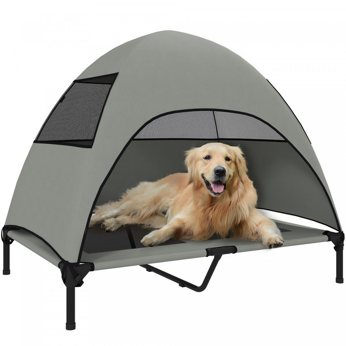 PawHut Outdoor Elevated Dog Bed with Canopy, Cooling Pet Lounger for Large Dogs, Washable Mesh, Steel Frame, Suitable for Camping & Garden, 41.7\" x 29.9\" x 39\", Light Grey