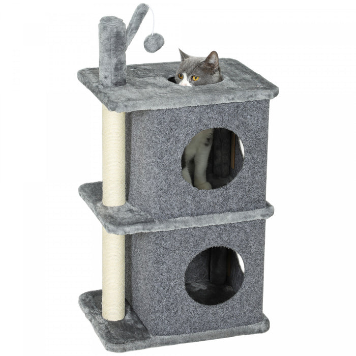 Pawhut Cat Tree, 31.5\" Multi-level Cat Tower For Indoor Kittens With 2 Door Condos, Removable Toy Ball, Sisal Scratching Posts, Plush Platform, For 1-2 Kittens, Grey