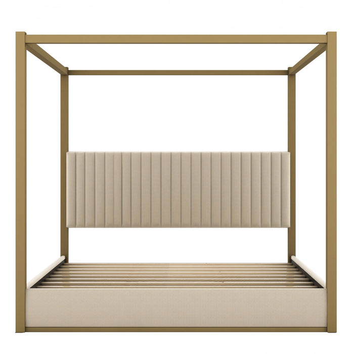 Sophia Upholstery Canopy Platform Bed with Foam Headboard and Velvet,King Size,Beige King Bed