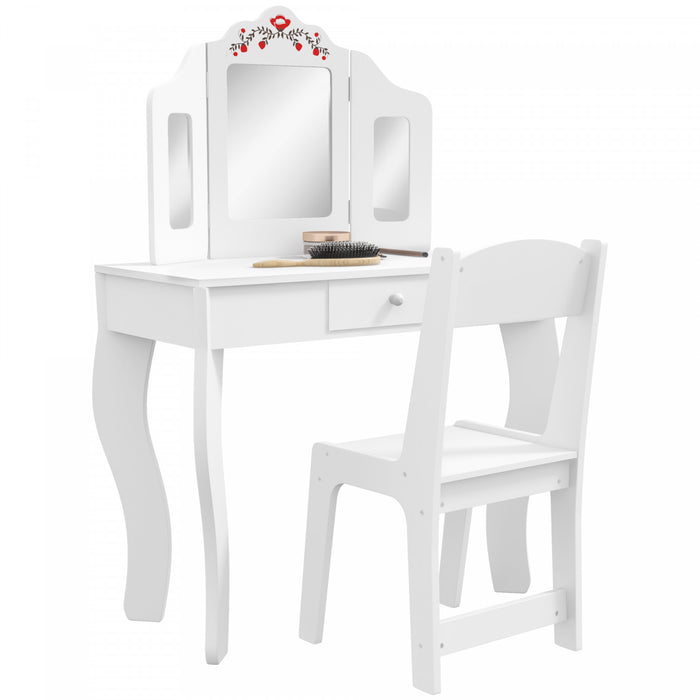 Qaba Kids Vanity Set, Dual-use Dressing Table With Removable Tri-folding Mirror, Makeup Table With Stool And Drawer, For Ages 3-8, White