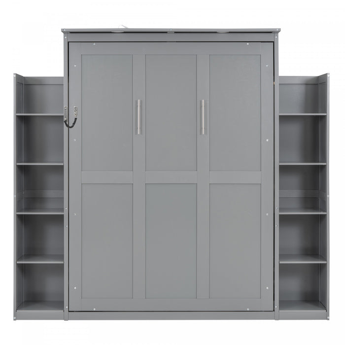 Aiden Murphy Bed with Shelves and LED Lights,Full Size,Grey Full Bed