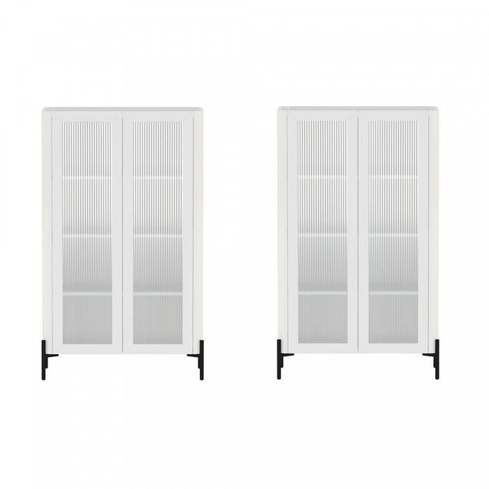 Abbey Modern 32\" Tempered Glass Bookcase Cabinet in White (4-Shelf) - Set of 2