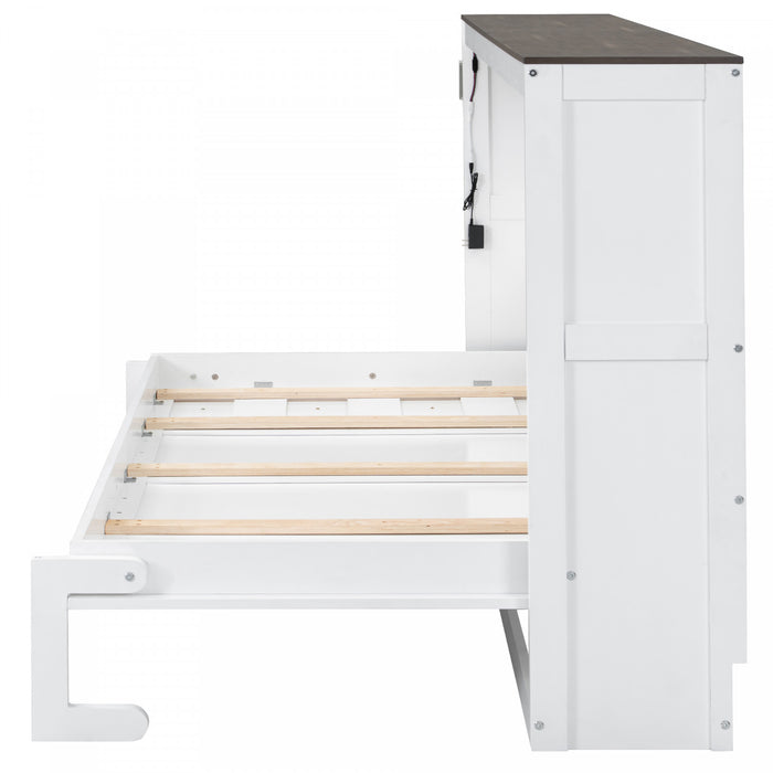 Olivia Solid Wood Murphy Bed with LED Light and Foldable Cabinet,Twin Size,White Twin Bed