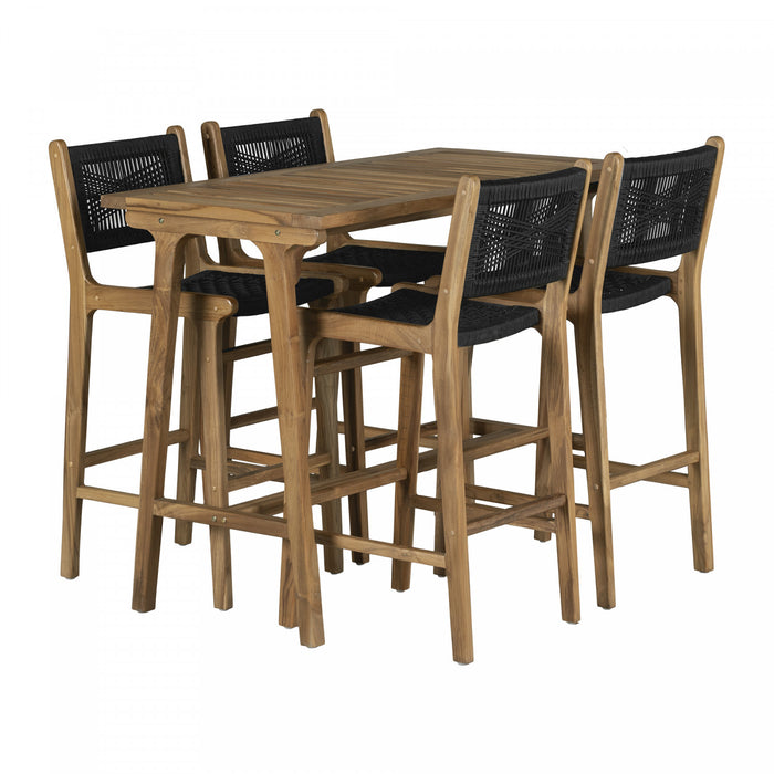 Agave Teak Bar Dining Table And Set Of 4 Woven Rope Bar Stools - Black And Natural 
