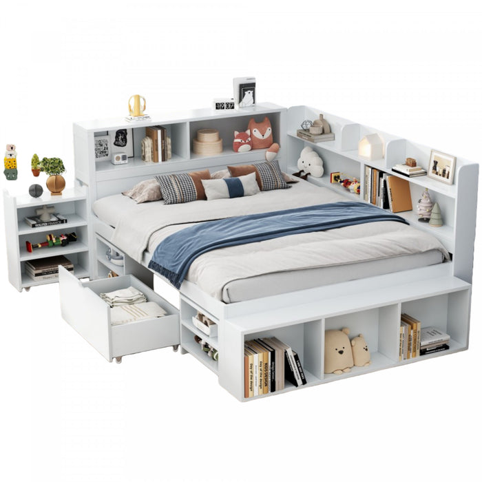 Ethan Multifunctional Daybed with Integrated Storage with Drawers and Bookcase,Full Size,White Full Bed